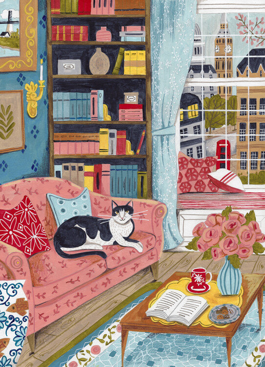 Obraz na plátně Cat on sofa in London pastel colours