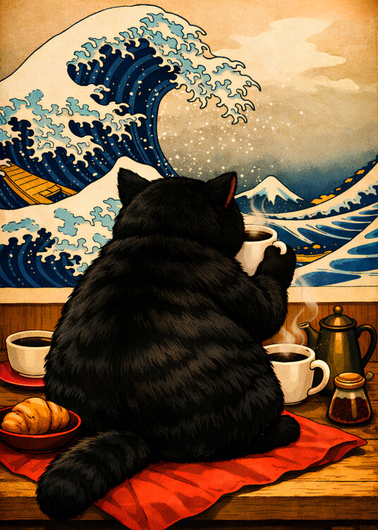 Plakát Funny Fat Black Cat Coffee