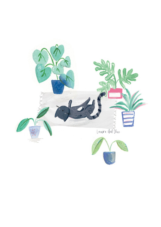 Poster Black cat on grey scandi rug