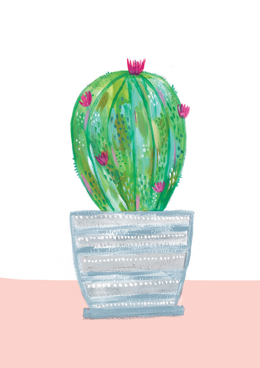 Poster Painted cactus in blue stripe plant pot