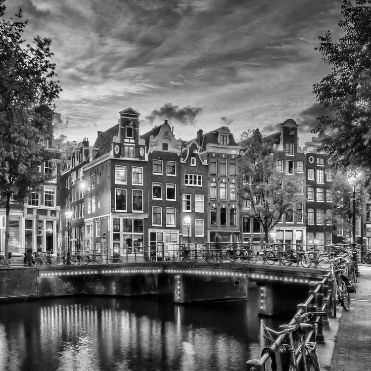 Canvas Print AMSTERDAM Idyllic impression from Singel | Monochrome