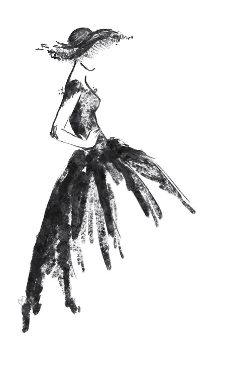 Poster Full skirt dress fashion illustration in black and white
