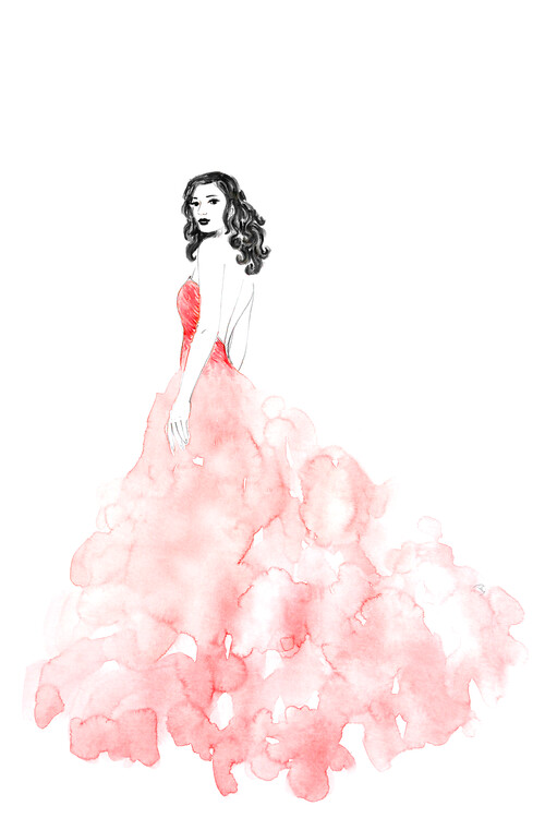Poster Fashion illustration long coral dress