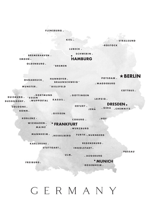 Poster Map of Germany with cities in grayscale watercolor