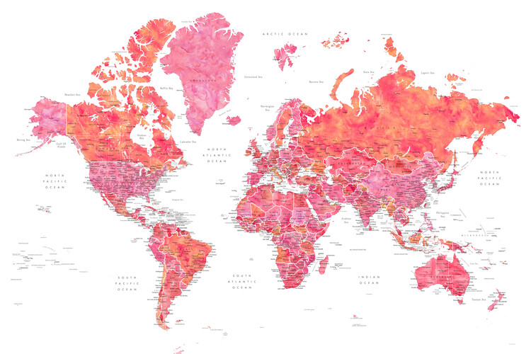 Poster Hot pink and coral detailed world map with cities, Tatiana