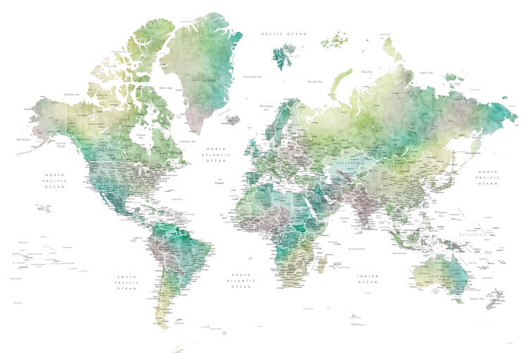 Poster Watercolor world map with cities in muted green, Oriole