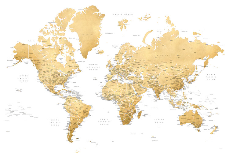 Canvas Print Gold world map with cities, Rossie