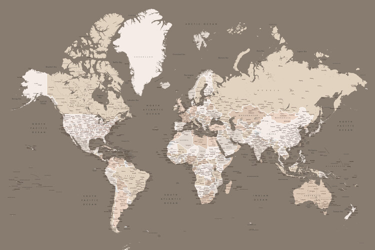 Canvas Print Earth tones detailed world map with cities
