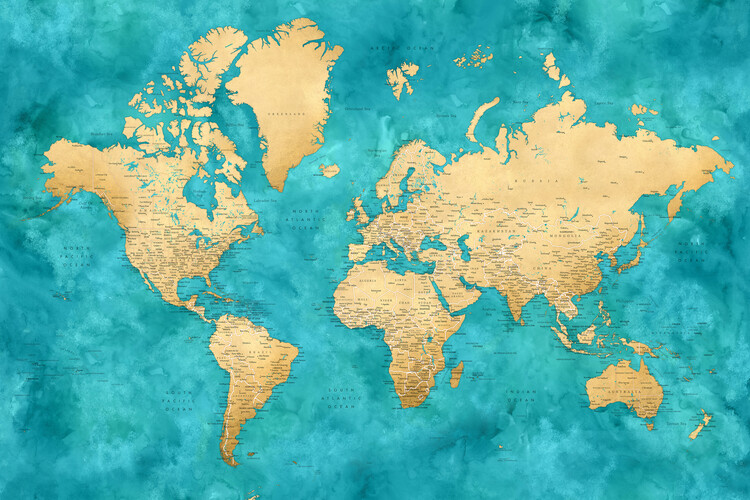Poster Detailed world map with cities in gold and teal watercolor, Lexy