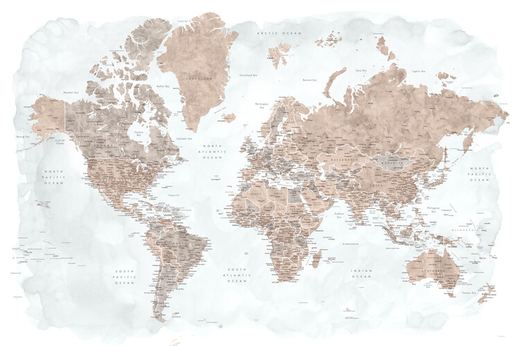 Poster Neutrals and muted blue watercolor world map with cities, Calista