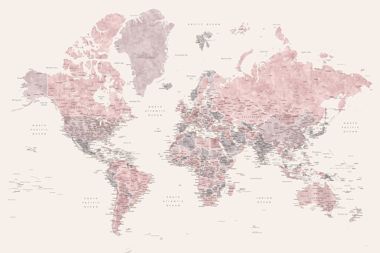 Poster Detailed watercolor world map in dusty pink and cream, Madelia