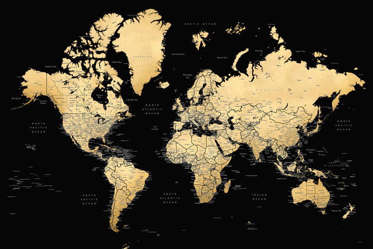 Poster Black and Gold Detailed World Map with Cities – Eleni