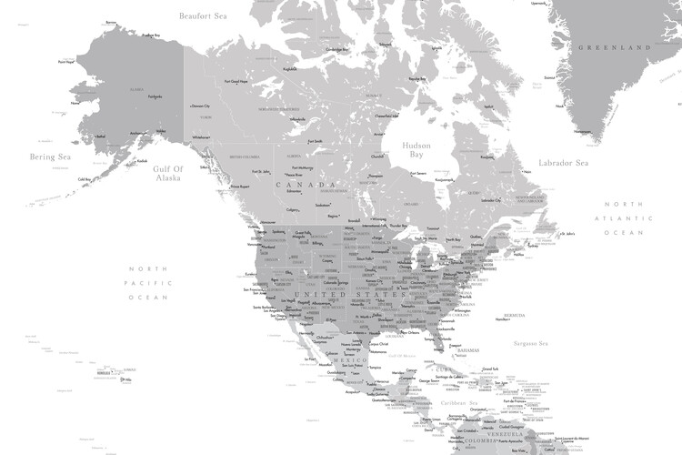 Canvas Print Map of North America in grayscale