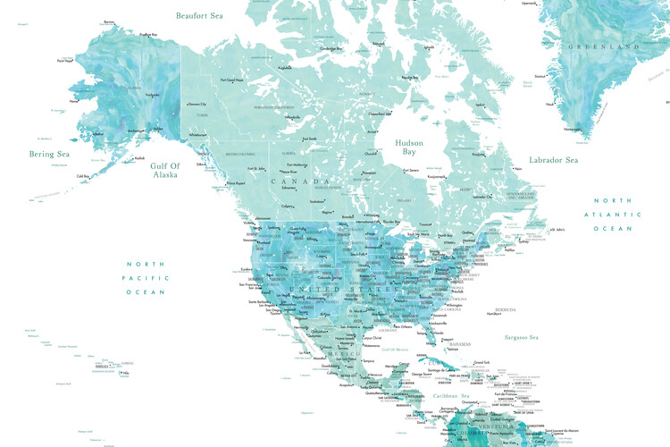 Canvas Print Map of North America in aquamarine watercolor
