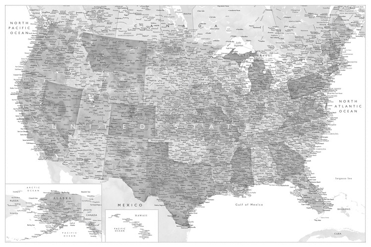 Poster Highly detailed map of the United States in grayscale watercolor