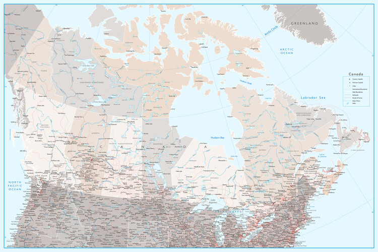 Poster Detailed map of Canada with roads in blue and neutrals