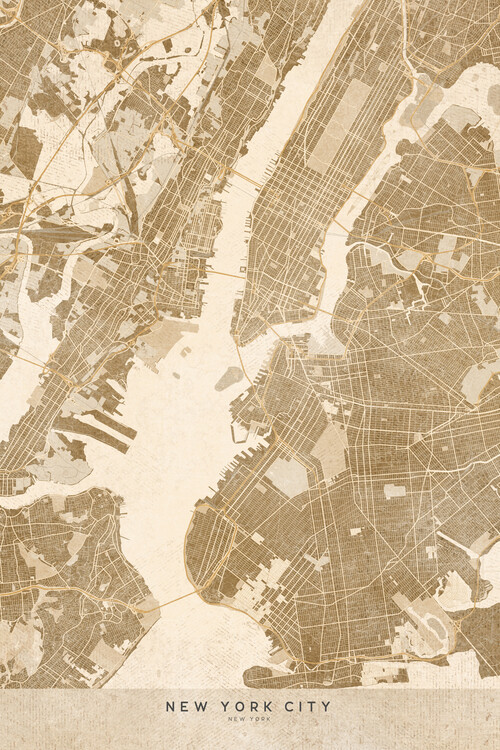 Canvas Print Map of New York City in sepia vintage style