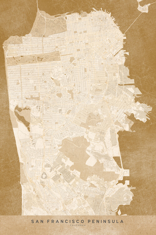 Canvas Print Map of San Francisco Peninsula in sepia vintage style