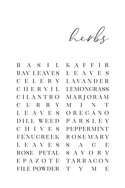 Poster List of herbs typography art