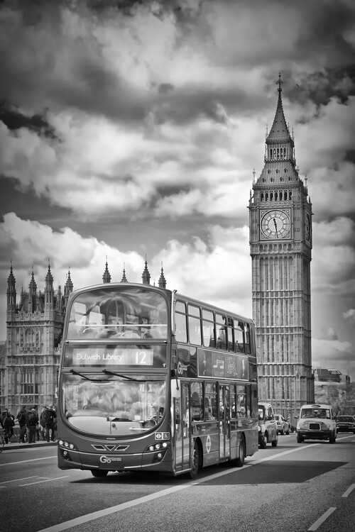 Poster LONDON Monochrome Houses of Parliament and traffic